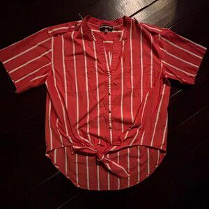 KARL LAGERFELD Women's Medium Red Striped Tie Front Button Up Short Sleeve Shirt